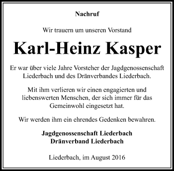Traueranzeige von Karl-Heinz Kasper von VRM Trauer