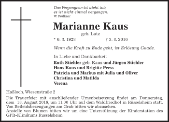 Traueranzeige von Marianne Kaus von Trauerportal Rhein Main Presse