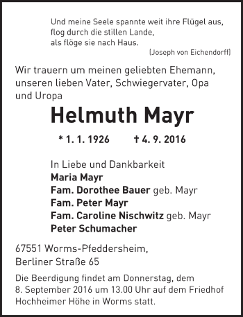 Traueranzeige von Helmuth Mayr von Trauerportal Rhein Main Presse