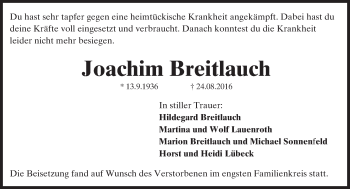 Traueranzeige von Joachim Breitlauch von Trauerportal Rhein Main Presse