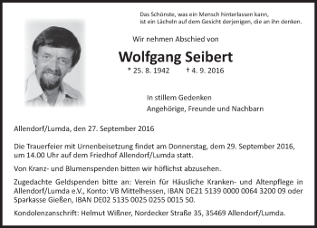 Traueranzeige von Wolfgang Seibert von  Gießener Anzeiger