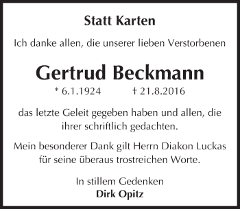 Traueranzeige von Gertrud Beckmann von Trauerportal Rhein Main Presse