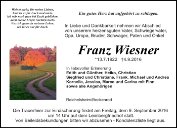 Traueranzeige von Franz Wiesener von Trauerportal Echo Online