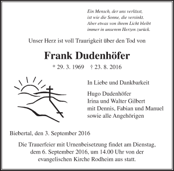 Traueranzeige von Frank Dudenhöfer von  Gießener Anzeiger
