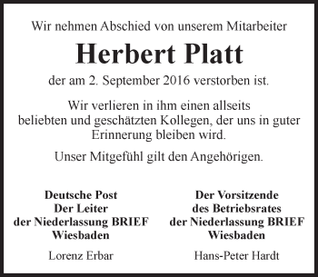 Traueranzeige von Herbert Platt von Trauerportal Rhein Main Presse