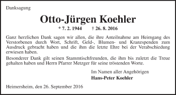 Traueranzeige von Otto-Jürgen Koehler von Trauerportal Rhein Main Presse