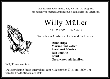 Traueranzeige von Willy Müller von VRM Trauer