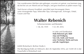 Traueranzeige von Walter Rebenich von Trauerportal Echo Online