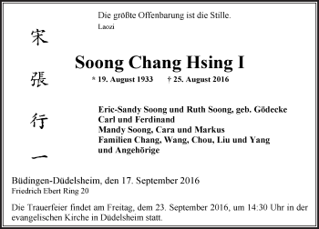Traueranzeige von Soong Chang Hsing von  Kreisanzeiger