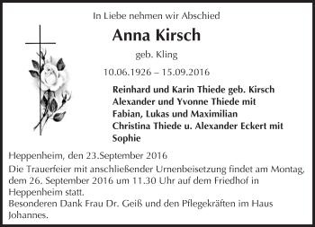Traueranzeige von Anna Kirsch von Trauerportal Echo Online
