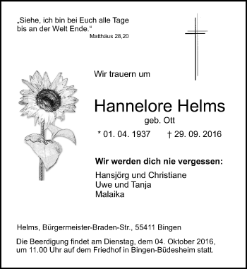 Traueranzeige von Hannelore Helms von Trauerportal Rhein Main Presse