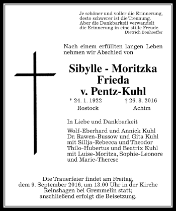Traueranzeige von Sibylle-Moritzka Frieda v. Pentz-Kuhl von  Gießener Anzeiger