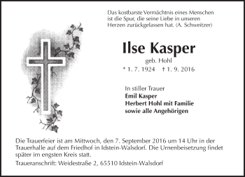 Traueranzeige von Ilse Kasper von Trauerportal Rhein Main Presse