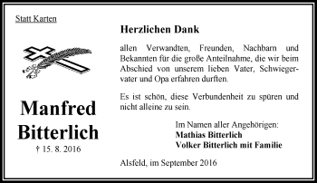 Traueranzeige von Manfred Bitterlich von VRM Trauer