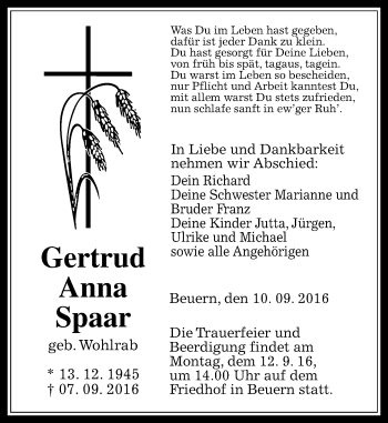 Traueranzeige von Gertrud Anna Spaar von  Gießener Anzeiger