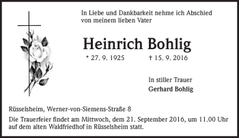 Traueranzeige von Heinrich Bohlig von Trauerportal Rhein Main Presse