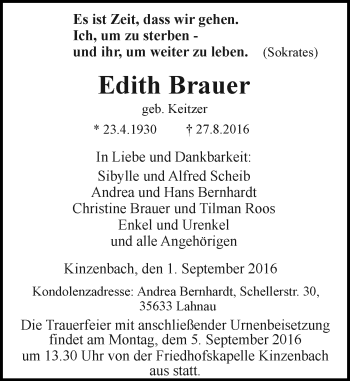 Traueranzeige von Edith Brauer von  Gießener Anzeiger