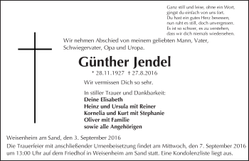 Traueranzeige von Günther Jendel von Trauerportal Rhein Main Presse
