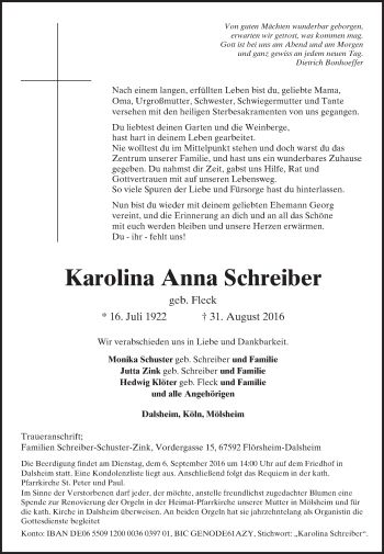Traueranzeige von Karolina Anna Schreiber von Trauerportal Rhein Main Presse