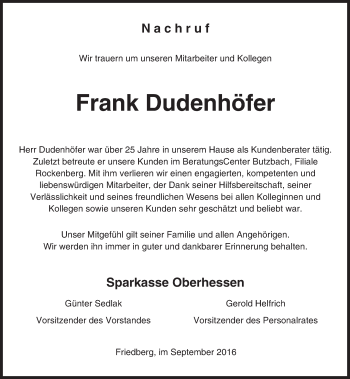 Traueranzeige von Frank Dudenhöfer von  Gießener Anzeiger