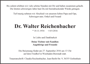 Traueranzeige von Walter Reichenbacher von Trauerportal Rhein Main Presse
