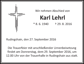 Traueranzeige von Karl Lehrl von  Kreisanzeiger