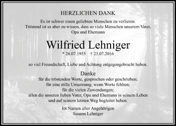 Traueranzeige von Wilfried Lehniger von  Usinger Anzeiger