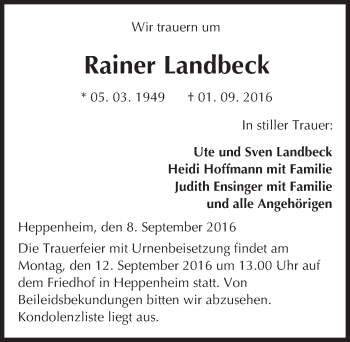 Traueranzeige von Rainer Landbeck von Trauerportal Echo Online
