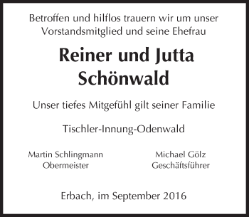 Traueranzeige von Reiner und Jutta Schönwald von Trauerportal Echo Online