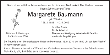 Traueranzeige von Margarete Baumann von  Gelnhäuser Tageblatt