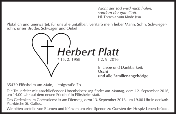 Traueranzeige von Herbert Platt von Trauerportal Rhein Main Presse