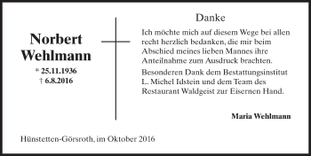 Traueranzeige von Norbert Wehlmann von Trauerportal Rhein Main Presse