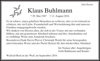 Traueranzeige von Klaus Buhlmann von  Usinger Anzeiger