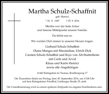 Traueranzeige von Martha Schulz-Schaffnit von  Usinger Anzeiger
