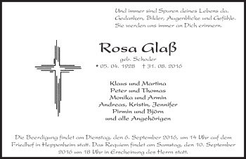 Traueranzeige von Rosa Glaß von Trauerportal Echo Online