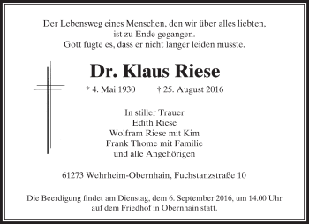 Traueranzeige von Klaus Riese von  Usinger Anzeiger