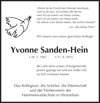 Traueranzeige von Yvonne Sanden-Hein von  Kreisanzeiger