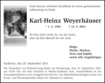 Traueranzeige von Karl-Heinz Weyerhäuser von Trauerportal Rhein Main Presse