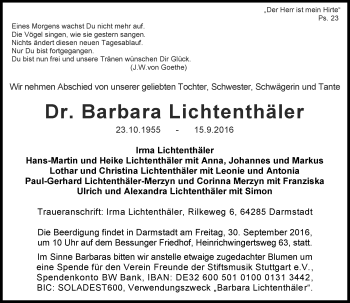 Traueranzeige von Barbara Lichtenthäler von Trauerportal Echo Online