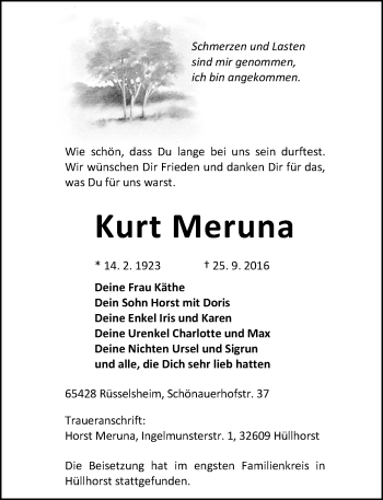 Traueranzeige von Kurt Meruna von Trauerportal Rhein Main Presse