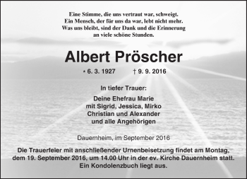 Traueranzeige von Albert Pröscher von  Kreisanzeiger