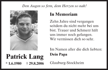 Traueranzeige von Patrick Lang von  Kreisanzeiger