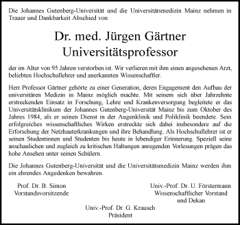 Traueranzeige von Jürgen Gärtner von Trauerportal Rhein Main Presse