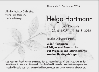 Traueranzeige von Helga Hartmann von  Camberger Anzeiger