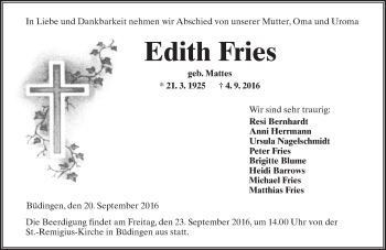 Traueranzeige von Edith Fries von  Kreisanzeiger