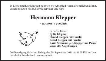 Traueranzeige von Hermann Klepper von Trauerportal Rhein Main Presse