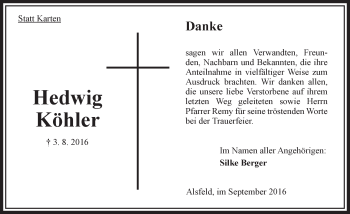 Traueranzeige von Hedwig Köhler von VRM Trauer
