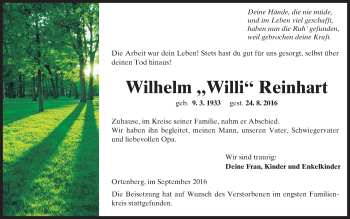 Traueranzeige von Wilhelm Reinhart von  Kreisanzeiger