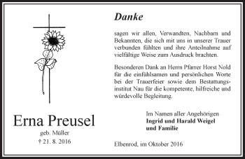 Traueranzeige von Erna Preusel von VRM Trauer