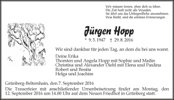 Traueranzeige von Jürgen Hopp von  Gießener Anzeiger